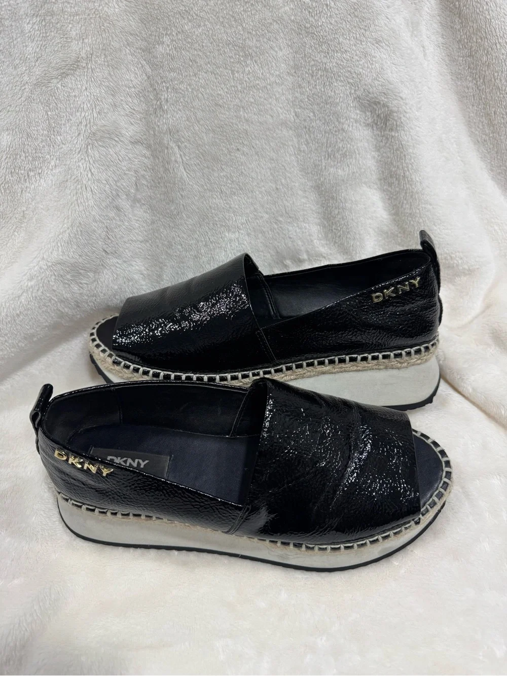 DKNY Black Patent Leather Platform Espadrilles